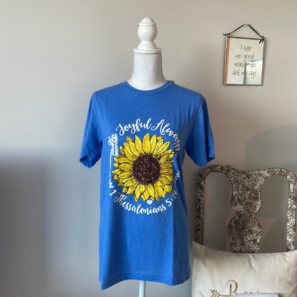Blue Be Joyful Always Sunflower Bible Verse T-shirt